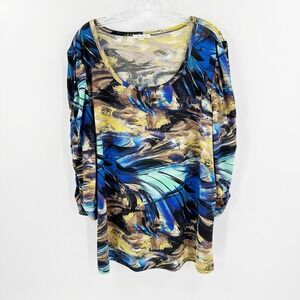ERIN Erin London Blue Printed Scoop Neck Ruched Sleeves Top Women's Size 2X